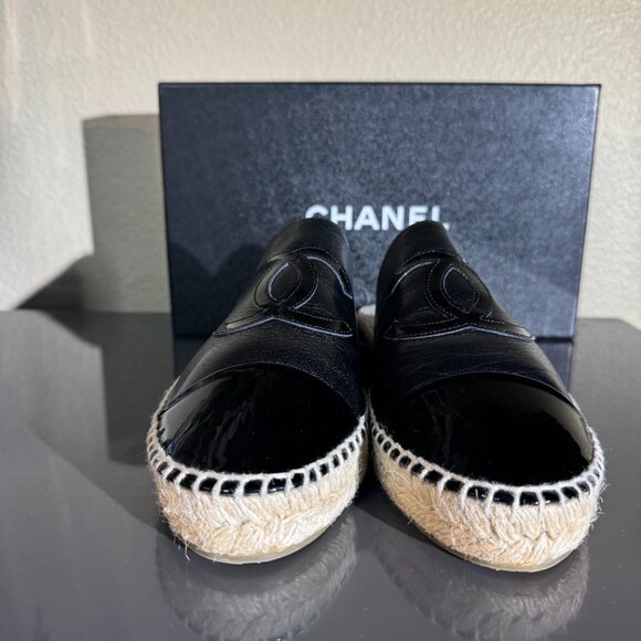 CHANEL Black Patent CC Backless Double Sole Espadrille Slide Mule Flat 41 - Picture 11 of 11